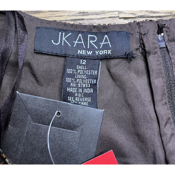 Jkara Beaded Black Gold Formal Blouse Evening Party Top Zip Back VNeck Womens 12 - Picture 12 of 16